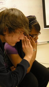 Students developing tableau of Romeo's line,